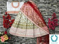 Beautiful Semi Stitched lehenga Choli - Free Size, White, Red, Satain Dupatta Fabric : Net, Embroidered, Multipack :1